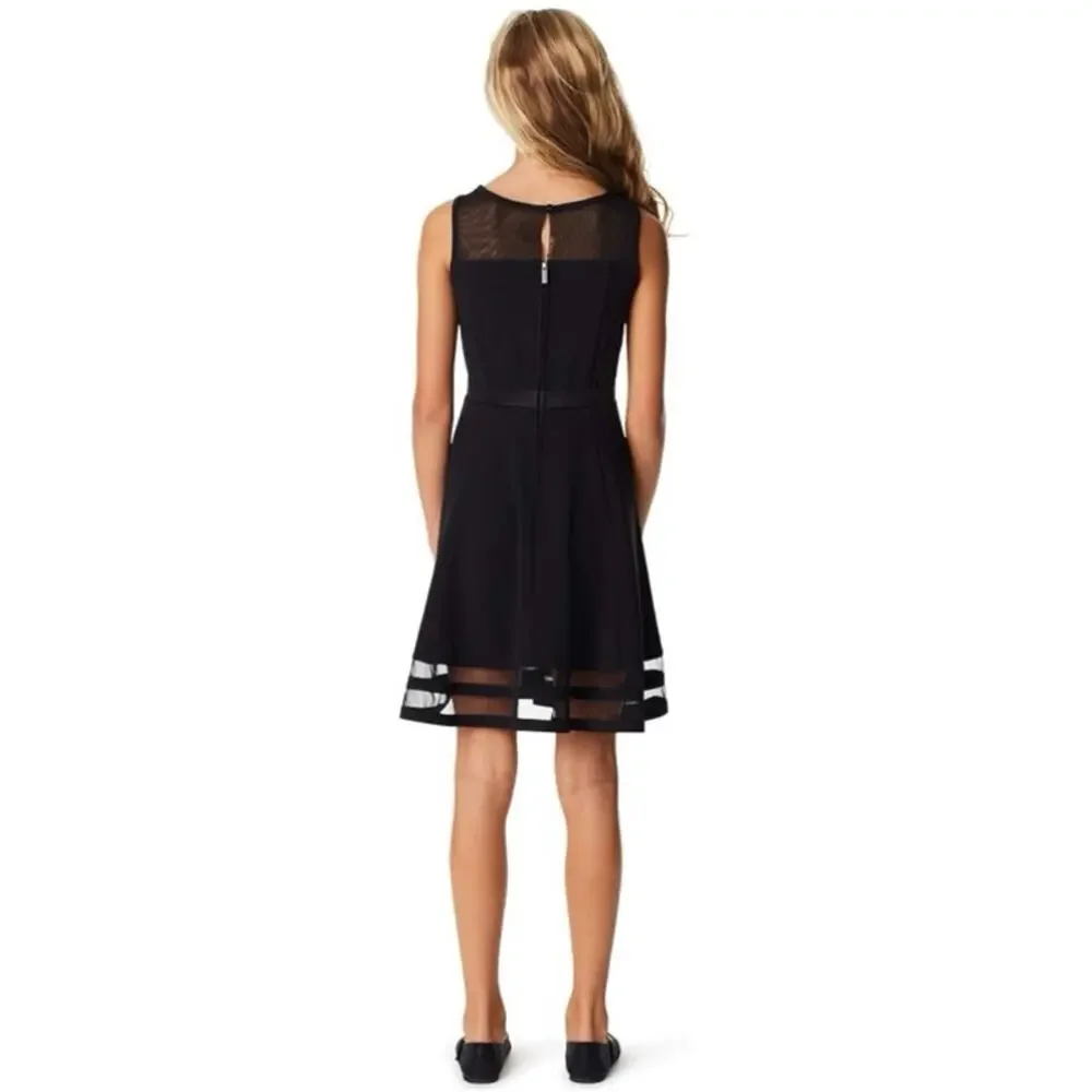 Calvin Klein Black Fit &‎ Flare Dress Sheer Mesh Bow Detail Size 14 NEW~NWT